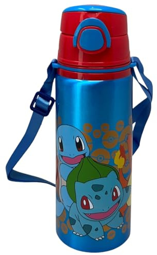 Botella de aluminio con pajita Pikachu Pokémon 730 ml con apertura automática pop-up para niños, incluye correa