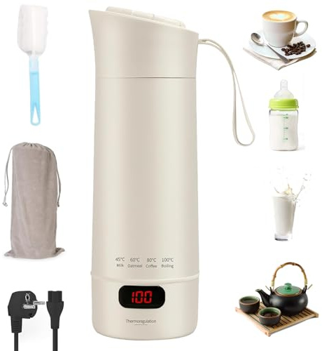 Reise Wasserkocher Klein, 400ML Mini Tragbarer Elektrische Wassertasse, 300W Wasserkocher tragbar 304 Edelstahl, automatisches Schließen, für Tee, Kaffee, Babymilch