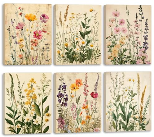 TOARTi Blumen Poster Retro Blüten Leinwand Bilder Böhmen Wanddeko Bohemian Poster Set Bunt Blumen Leinwand Wandbilder für Wohnzimmer Schlafzimmer Küche Deko,6er Set 20x25cm