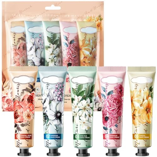 Hand Cream Sets 5 Pack, Christmas Hand Cream Gifts, Deeply Hydrating & Nourishing Hand Lotion, Mini Working Hand Cream for Dry Skin Day Night Cream (Flower 1, Mini)