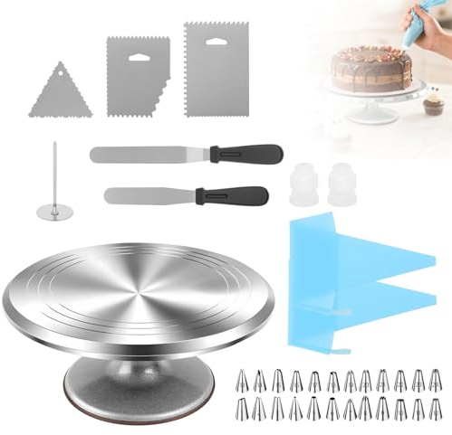 35 PCS Rotating Cake Stand Set, 12 Inch Cake Turntable with Piping Bags, 24 Nozzles, Icing Smoother, Spatula - Baking Tools & Accessories