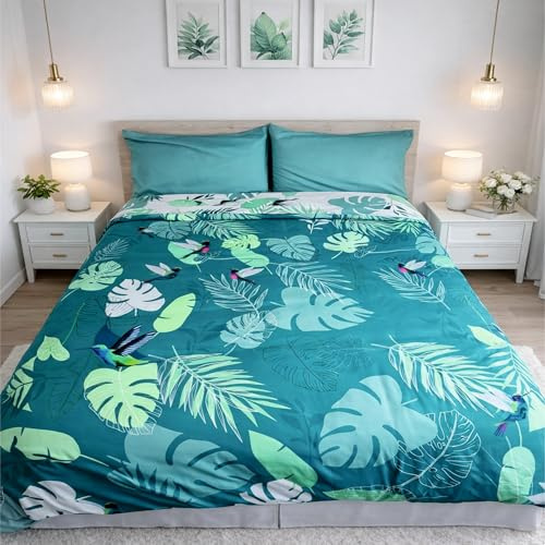 FOCARIS Home Funda nordica Cama 150 Estampada Reversible + 2 Fundas Almohada Juego 3 Piezas edredon Cama 150 cm Diseño Exclusivo Rainforest 2 Colores 240 x 220 cm Packaging presentación de Regalo