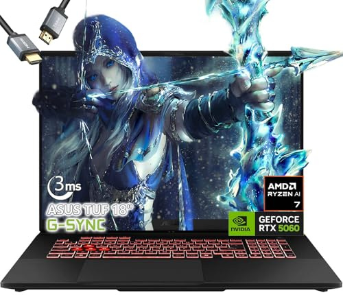ASUS TUF Gaming Laptop A18 inch - AMD Ryzen 7 260 Beat i9-13905H - 32GB RAM| 2TB SSD -NVIDIA RTX 5060-18 WUXGA Display 144Hz - RGB Backlit Keyboard - USB Type-C - FHD Camera - HDMI Cable