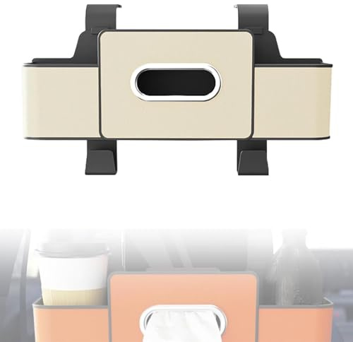 3 in 1 Auto Kopfstütze Rücksitz Organizer, Multifunktionale Aufbewahrungsbox mit Dual Cup Holders, Taschentuchspender & Haken, Universal Auto Hanger für Handys, Getränke & Handtaschen (Beige)