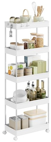 WOLTU Carro de Almacenamiento con Ruedas de 5 Niveles, Carrito Auxiliar con 4 Ganchos, Carrito Estrecho para Cocina, Baño y Lavanderia, Plástico y Metal, 41,5 x 112 x 23 cm, Blanco