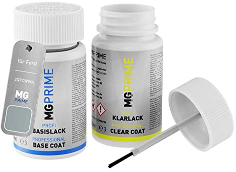 MG PRIME Lackstift für Ford 2QTCWWA / PNUQT0 / 7 Machine Silver Metall. +1K | Cosmic Silber Metallic / Machine Silver Metallic, Autolack, Set aus Basislack + Klarlack, Lackfläschchen mit Pinsel, je 50ml