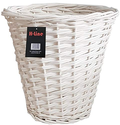 H-line Wicker Willow Round Basket Storage Waste Paper Rubbish Bin Country Style Bathroom Bedroom Office (White)