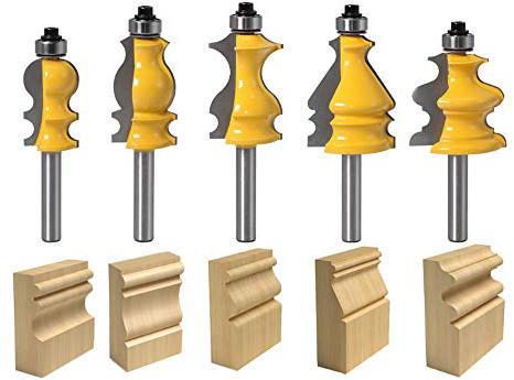 TAIWAIN Router Bit Set 1/4 Inch Shank 5PCS Architectural Picture Frame Molding Bits, Wood Milling Cutter Router, Woodworking Miter Carbide Cabinet Shelf Panel CNC Cutting Tool for Door, Table(HG1-G)