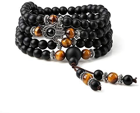 COAI Unisex 108 Obsidian Tigerauge Mala Halskette Gebetsarmband