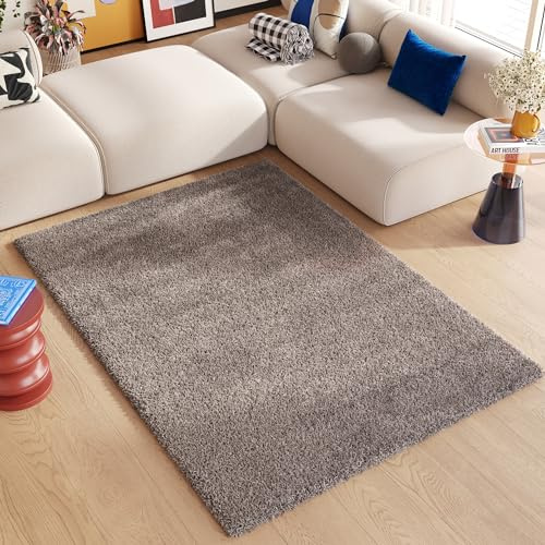 TAPISO Essence Teppich Hochflor Langflor Shaggy Dunkelgrau Taupe Rechteckig Super Weich Felloptik Schlafzimmer Wohnzimmer ÖKO-TEX 140 x 200 cm