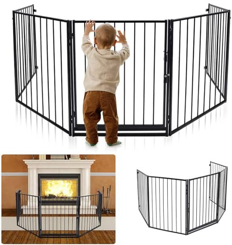 Aufun 5 pezzi griglia di protezione per camino in metallo con porta nera, 60 x 76 cm, protezione per bambini