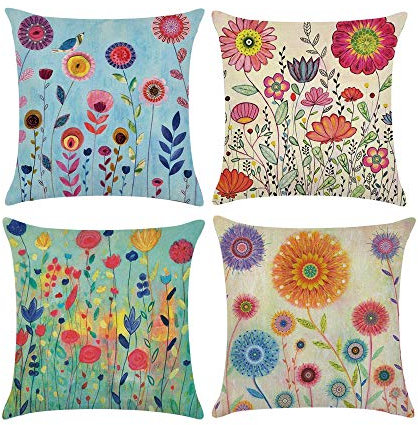 COWORK Set of 4 Colorful Flowers Cushion Cover Cotton Linen Throw Pillow Case Decorative Square Sofa Pillowcase for Home Decor Favor, 18 x 18 inch / 45 x 45 cm with Invisible Zipper (Style 12)
