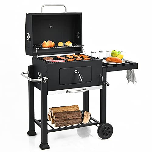 COSTWAY träkolgrill med hjul terrassgrill kolgrill träkol grillvagn för BBQ picknick, camping och fest
