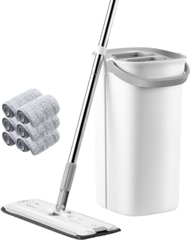 Mopa para Limpiar Suelo con Cubo Escurridor Mop Giratorio 6 ALMOHADILLAS de Microfibra Mango Inoxidable Tarima Madera Gress Terrazo Parqué Marmol Atrapa Polvo Trapeadora