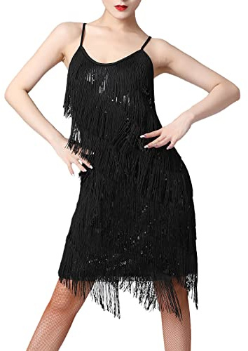Odizli Abito da donna anni 20 stile Gatsby con paillettes, frange, spalline sottili, sexy, corto, latino, abito da ballo, Nero , M