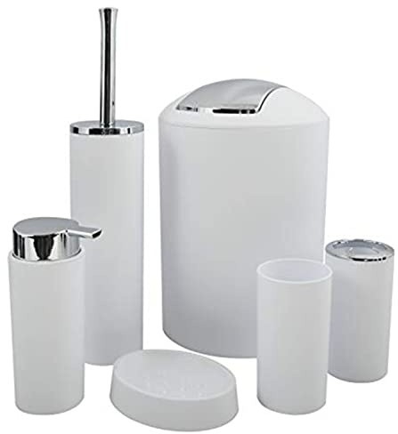 TIENDA EURASIA - Set de Accesorios Baño de 6 Piezas, Incluye Papelera Baño de 5 litros, Dispensador Jabon Baño de 300 ml, Escobilla de Baño, Vaso, Vaso para Cepillos y Jabonera Baño, (Blanco)