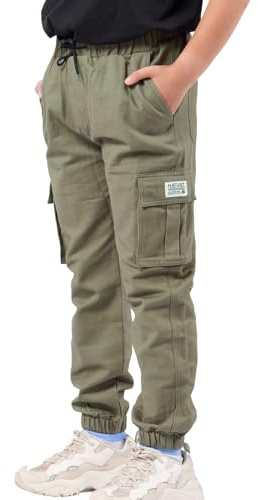 NATUST Pantalon Cargo Garçon Ado Jogging Taille Élastiquée Pantalons Enfant Décontracté Vert armée 13-14 Ans (Taille du Fabricant : 170)