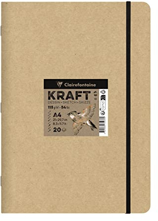 Clairefontaine 975938C - Skizzenbuch Kraft Natur DIN A4 21x29,7cm, geheftet, 20 Blatt 115g, ideal für Multitechniken, 1 Skizzenbuch