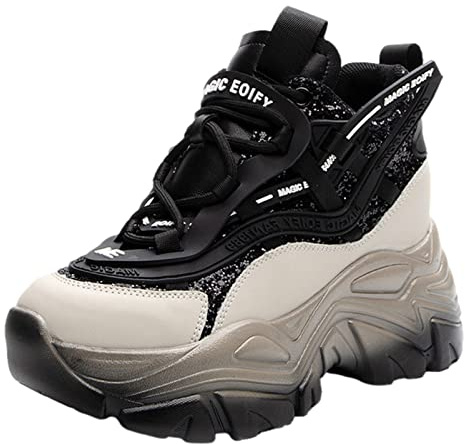 ANUFER Damen Hohe Plattform Chunky Trainer Schuhe Glänzend Pailletten Mode Keilabsatz Turnschuhe Schwarz SN070147 EU38