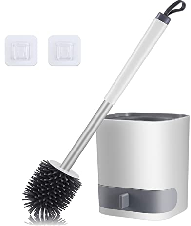 Toilet Brush, HIYAA Toilet Brushes & Holders Silicone, Toilet Cleaning Brush with Quick Drying Holder and No-Slip Stainless Steel Handle for Bathroom, White, 1 Pack