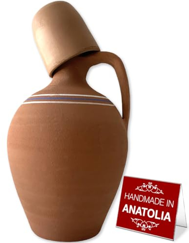 Handmade Clay Water Pitcher with 1 Clay Cup, Natural Unglazed Terracotta Water Carafe with 1 Earthen Mug, Traditional Mud Jug, Self-Cooler Pottery Jar, Large with 1 cup - 4.22 qts