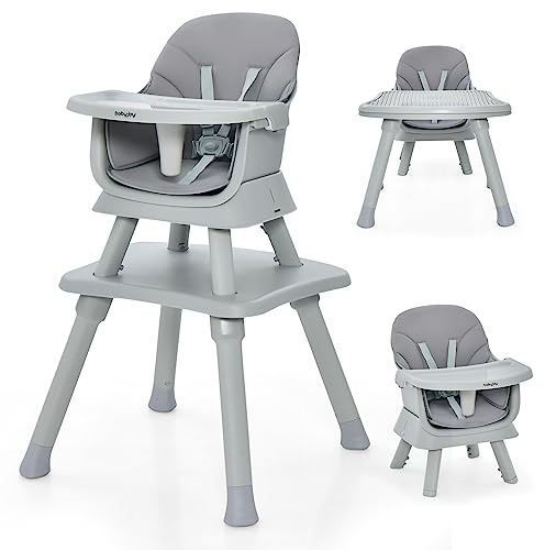 RELAX4LIFE 6 in 1 Seggiolone Pappa, Seggiolone Multfunzionale e Evolutivo con Imbracatura a 5 Punti, Vassoio Rimovibile e Regolabile, Tavolino e Sedia, per Neonati e Bambini 6-36Mesi, 25KG (Grigio)