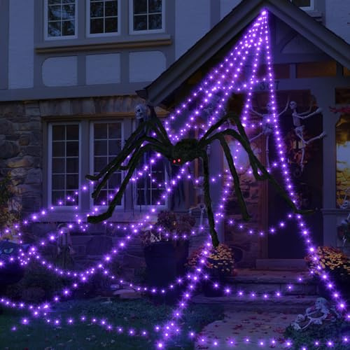 Halloween Spider Web Lights Decoration 455 LED Spider Webs Halloween Decorations Outdoor with 59 Large Spider & 3.53 oz Stretch Cobweb 16.4 Ft Light Up Giant Spider Web with 8 Modes & Timer (Purple)