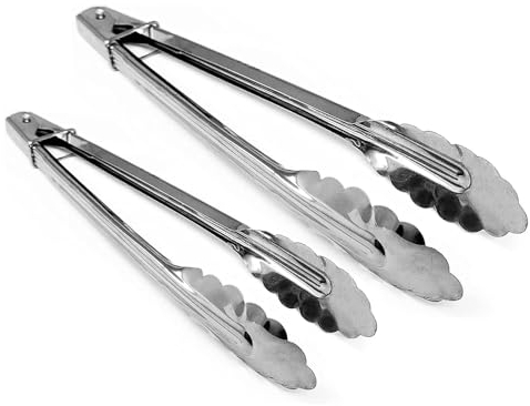 BML 2 x Stainless Steel Kitchen Tongs Set | Heat Resistant Dishwasher Safe Metal Cooking Tongs for BBQ Cooking Salad, Grilling, Frying & Serving Food (Large 8.5 inches & Small 7 inches)