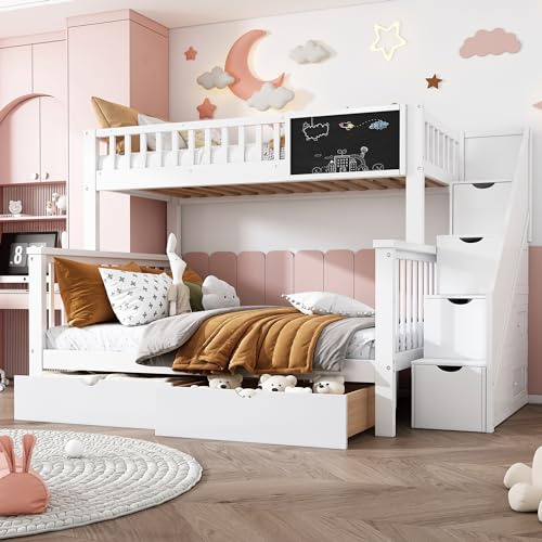 ZYLOYAL10 Kinder-Etagenbett, Doppelbett, 90 * 200, 140 * 200CM Multifunktionales Kinderbett, mit Tafel und Schubladen, ohne Matratze, Weiß,