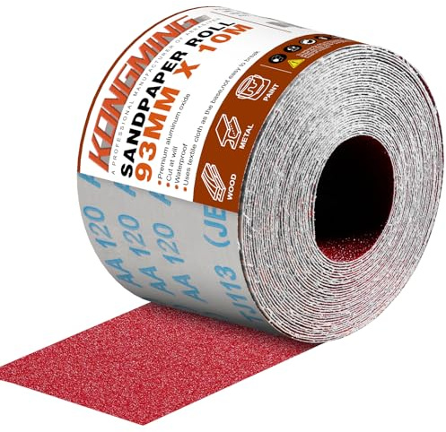 KONGMING Schleifpapier Rolle 93 mm x 10 m Körnung 120 | Aluminiumoxid Schmirgelpapier Schleifblätter Handschleifer Handschleifblock Holz Metall Polieren Entrosten