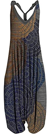 Harem Jumpsuit for Women UK,Ladies Dungarees Vintage Ethnic Casual Loose Sleeveless V Neck Tank Jumpsuits Elegant Suspender Bib Overalls Pants Summer Romper Playsuits Outfits with Pockets Deals