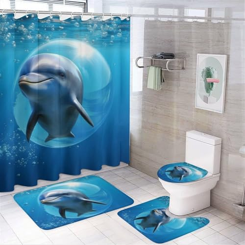 Kleiner Delfin 4-teiliges Badvorleger-Set Duschmatte Kontur Matte WC-Deckelbezug Duschvorhang, rutschfeste Badvorleger Für Küche, Dusche Und Toilette - Meerestier，183 * 183cm (Blue3)