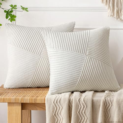 MIULEE Weihnachten Kissenbezug 50x50 Creme Kordsamt 2er Set Kissenbezüge Zierkissenbezug Kissenhülle Sofakissen Dekokissen Streifen Muster Patchwork Design für Wohnzimmer