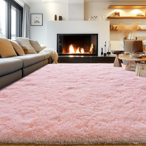 Rezutan Ultra Soft Pink Rugs for Bedroom 8x10 Feet, Fluffy Shag Area Rugs for Living Room, Large Comfy Furry Rug for Girls Kids Baby Room Decor Teenage Pastel Princess Rug, Non Slip。