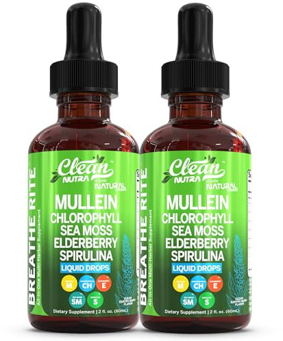 Organic Mullein Liquid Drops With Chlorophyll for Lung Detox Plus Irish Sea Moss, Spirulina, Licorice, Tart Cherry, Lobelia, Motherwort, And Elderberry For Men Women Health Supplement Vitamin (2)