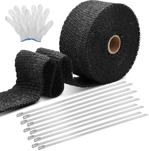 Car Exhaust Wrap, 6M Exhaust Tape Bandage Titanium Black Fiberglass Heat Insulation Wrap Roll with 10 Stainless Steel Cable Ties, Heat Wrap Tape for Motorcycle, Car, Truck, Exhaust