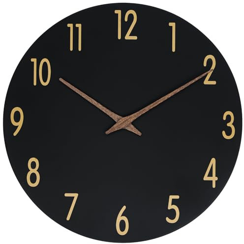 HZDHCLH Wanduhr Holz Ohne Tickgeräusche MDF Modern Quartz Wanduhren 30cm Für Zimmer Zuhause KüChe Schlafzimmer BüRo Schule(Holz schwarz Gold)