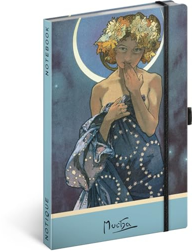 NOTIQUE Notizbuch A5 Hardcover Notebook Dotted 13x21cm - Alphonse Mucha | Dieses Notizheft, Journal, Tagebuch für Erwachsene und Damen bietet ein Gummiband, eine Stiftschlaufe und Innentasche.