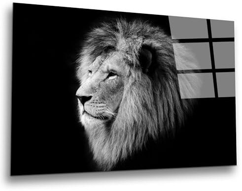 INDIGOS UG Luxus Glasbild - Löwe schwarz weiß - 52x30 cm - ESG Echtglas bedruckt - Glasdruck - Wohnzimmer, Küche, Schlafzimmer, Badezimmer - Geschenk - Deko, Wandbild