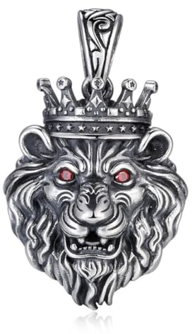TYMONT S925 Plata Esterlina Dominante Corona Cabeza De León Colgante, Europa Y Los Estados Unidos De Los Hombres Cabeza De León Circón Collar Colgante,Plata,Pendant + Chain 50cm
