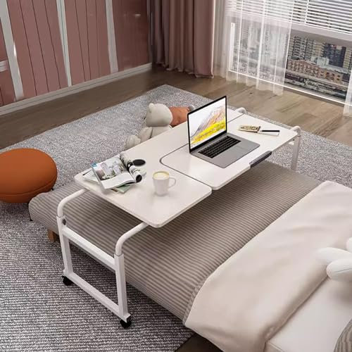 Tisch mit Rollen, über dem Bett, mobiler Computertisch, verstellbarer Tisch, neigbare Tischplatte für Zuhause, Schlafzimmer, Büro, Krankenhaus, SZPXXX, Weiß, WB120 cm