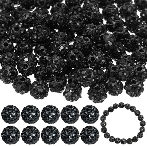 10mm Glitzerperlen zum Auffädeln 100 Disco Ball Perlen zum Auffädeln Geeignet für Armbänder Halsketten Ohrringe Schlüsselanhänger Anstecknadeln Haarschmuck und Andere Schmuckherstellung(Schwarz)