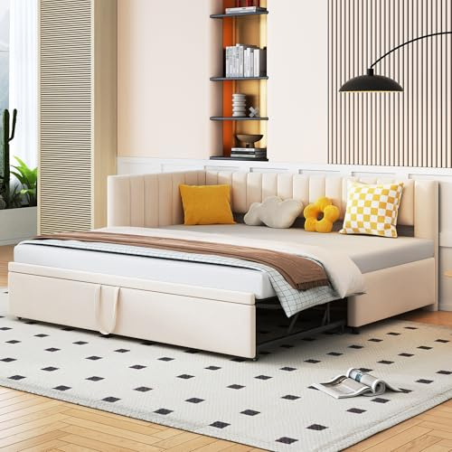 Huayz Kinderbett Polsterbett 90/180x200 cm, Schlafsofa mit Ausziehbett, L-förmiges Sofabett Tagesbett Gästebett mit Lattenrost, Multifunktionsbett aus hautfreundlichem Samtstoff, Ohne Matratze