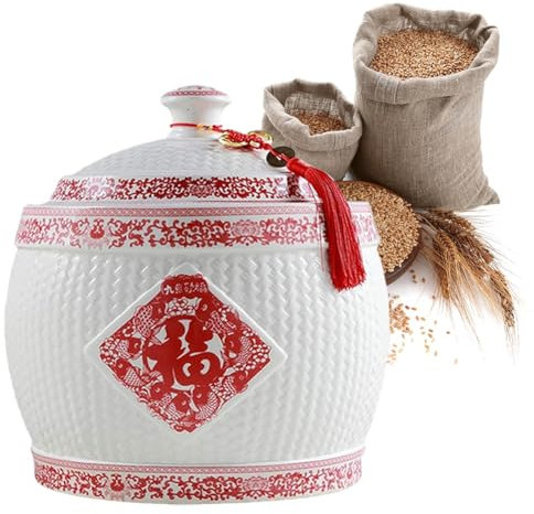 Recipiente clásico de cerámica for arroz, recipiente for almacenar arroz, con tapa, dispensador de arroz y cereales, caja for almacenar arroz, contenedor de almacenamiento de gran capacidad, porcelana
