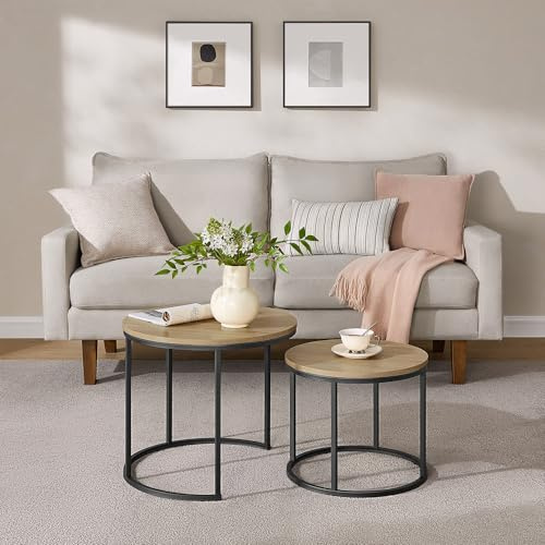 Home Collective Couchtisch 2er Set Rund Beistelltisch Loft Design 2 in 1 Verschachtelung Kratzfeste Oberfläche, Wohnzimmer | 53cm und 43cm Breit Sonoma Eiche mit schwarzen Beinen