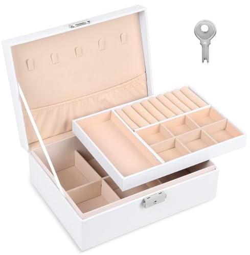 kihutor Portagioie Donna,2 Livelli Porta Gioielli, Scatola Porta Gioielli da Viaggio con chiave, Grande Gioielli Scatola Organizer in Pelle PU, Scatole Portagioielli Cofanetto per Collane, Orecchini