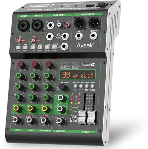 Aveek Mixer Audio, Console di Mixaggio Professionale con Ingresso USB/Bluetooth/Computer/4 Canali Stereo DJ Mixer, 48V Phantom Digital 99 DSP Effect per PC Registrazione Karaoke Studio Streaming