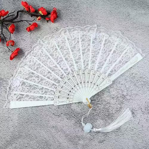 Vintage Lace Tassel Hand Fan, Feather Folding Fan, Black/White for fancy dress parties and proms! (White)