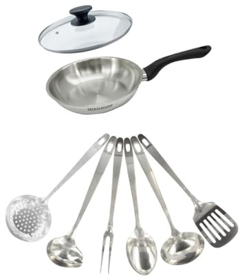 Fackelmann Set poêle inox 20 cm, couvercle verre et 6 ustensiles inox | Cuisson et service réunis, Poêle inox 20 cm avec couvercle verre, 6 ustensiles inox, Tous feux induction four, Sans PFAS
