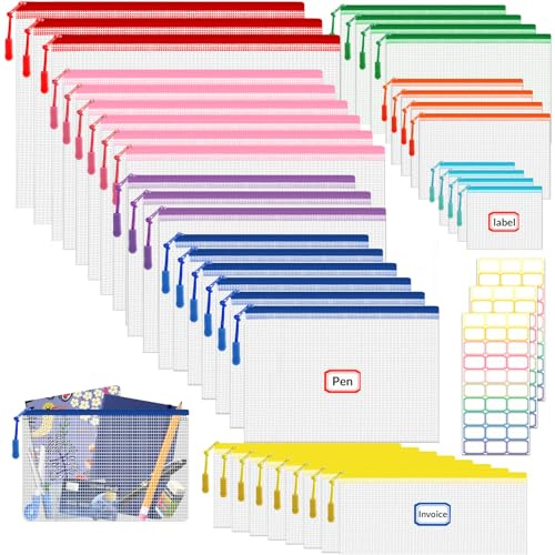 38 Pièces Pochette Document Zippée, Pochette Plastique A4 + A5 + A6 + B4 + B5 + B6 + B8 + sac à billets, PVC Transparentes Document Dossier, Étanche Sac Plastique Zip, avec 3 autocollants